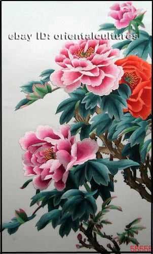 Peony flower embroidery design with pink blossoms and green leaves on a branch