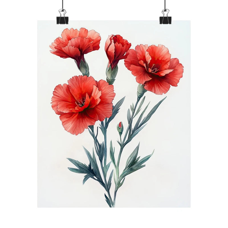 Red carnation flower art print poster with six coral blooms and green stems