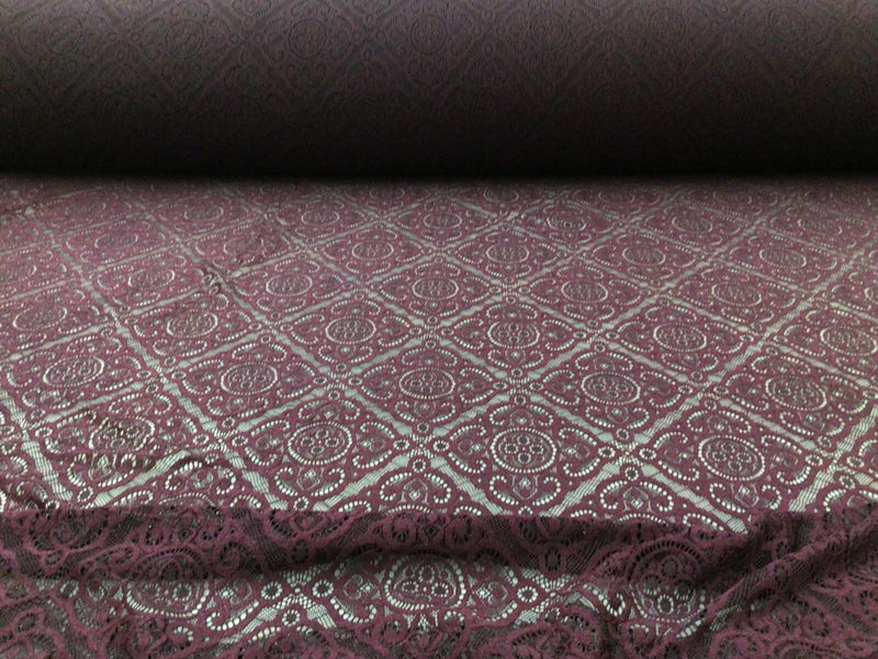 Embroidered Stretch Lace Apparel Fabric Sheer Diamond Mulberry Purple YY213 Flowering Plants