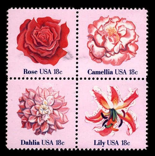 Flowers Se-ten block of 4 mnh stamps 1978 USA #1879a  Rose Camellia Dahlia Lily Lily