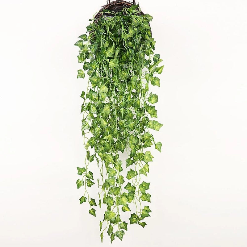 Artificial hanging vine plant with cascading green faux leaves