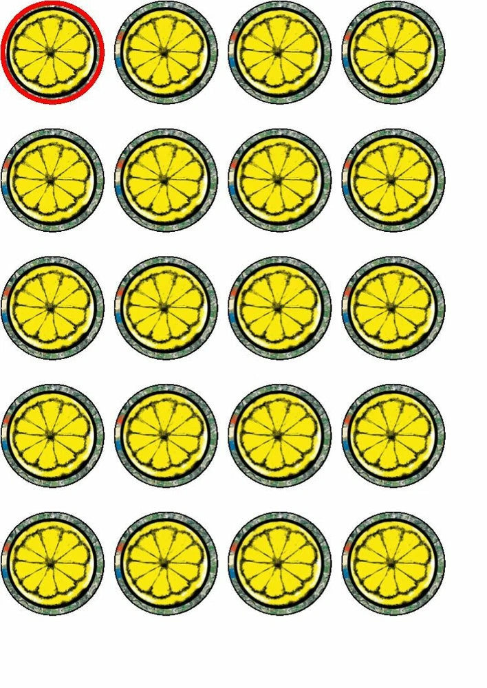 Round lemon slice rice paper cake toppers, yellow centers with green edges