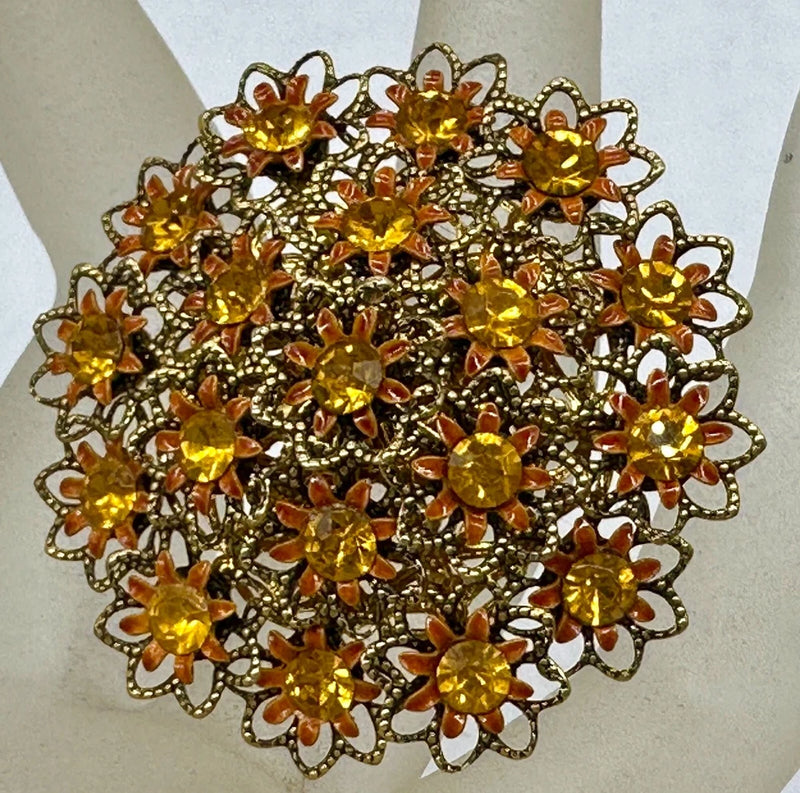 VINTAGE GOLD TONE FILIGREE SUNFLOWER DAISY FLOWER CLUSTER YELLOW GLASS BROOCH Sunflower