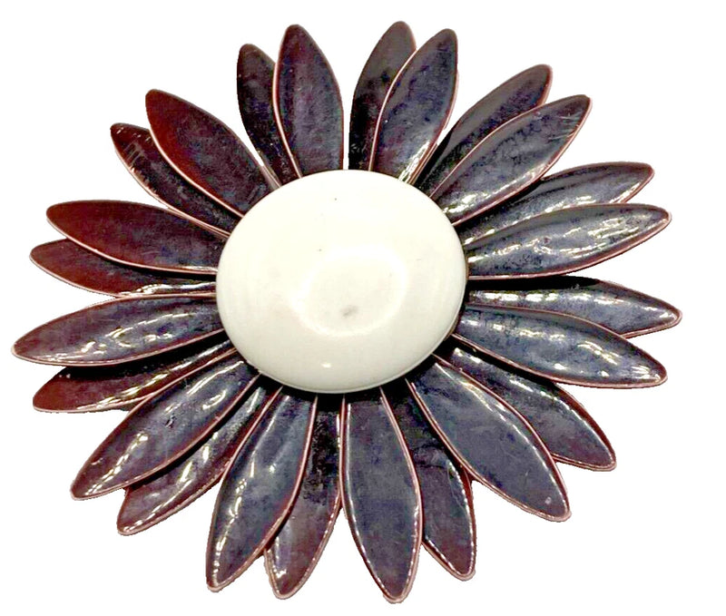 Gold Plated Vintage Large Sunflower Pin With Brown Petals, White Center Sunflower