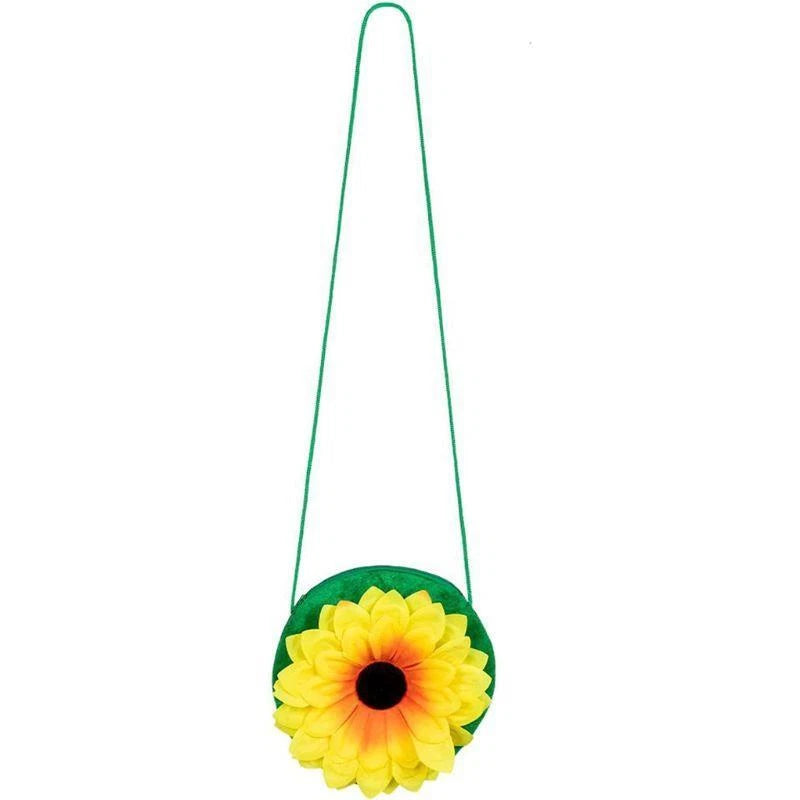 Sunflower shoulder bag with green strap and large yellow flower front applique