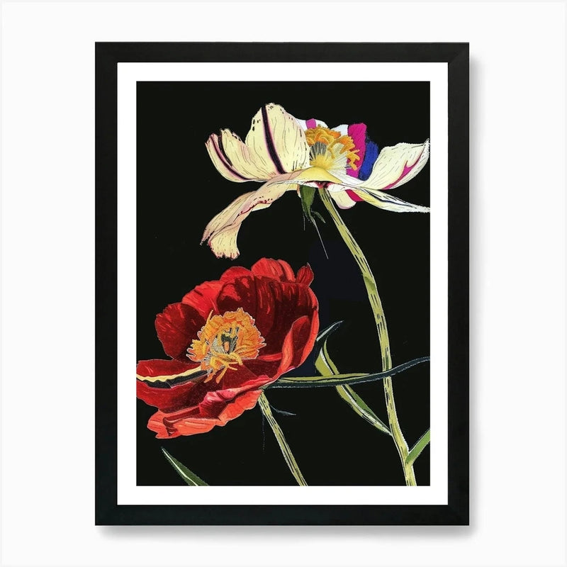 Neon Flowers On Black Ranunculus 2  Framed Wall Art Poster Canvas Print Picture Ranunculus