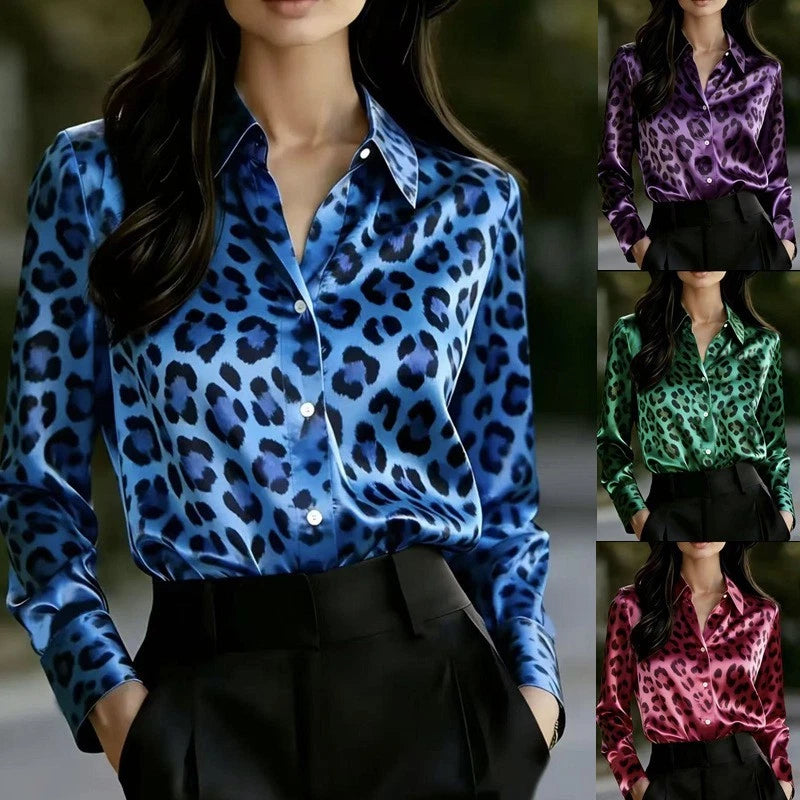 Women's leopard-print casual button-up shirt, long sleeves, front buttons