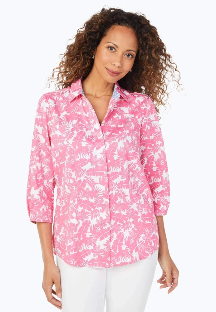 Pink button-front blouse with white leaf print, 3/4 sleeves