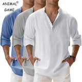 Men's Cotton Linen Henley Long Sleeve Shirt Casual Beach T-shirt Tee Summer Gift Roses