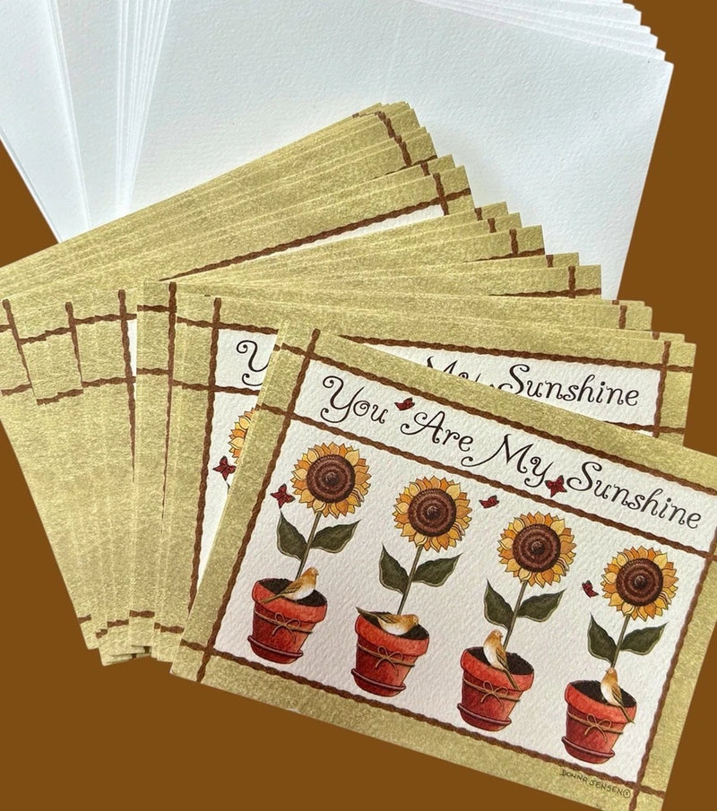 Sunflower notecards with envelopes, 'You Are My Sunshine' and potted flowers