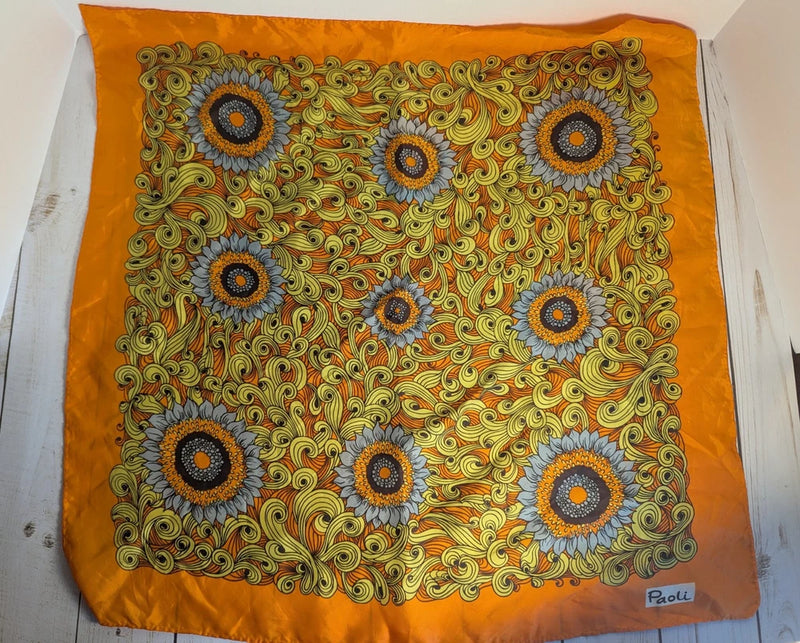 Vintage Paoli Scarf Sunflower Flower Orange Yellow Blue Gray 22x22 Square Sunflower