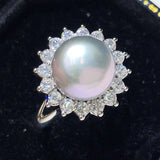 9-10mm AAA+ Natural Gray Akoya Cultured Pearl Inlay Sunflower Ring Adjustable Sunflower