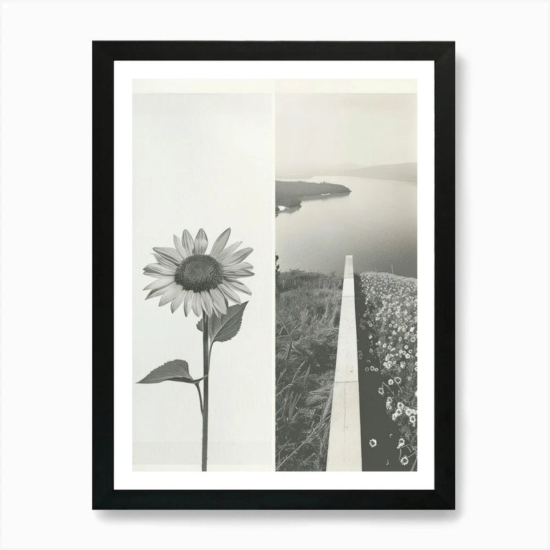 Framed sunflower and landscape collage wall art, black frame with two photo panels