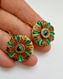 24k Gold Plated Sun Flower in Blue Green tones Earrings Handmade Sunflower