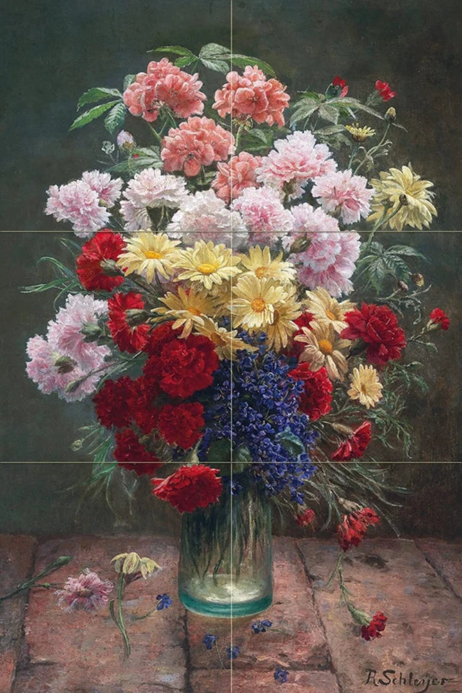 Floral tile mural: colorful flower bouquet in a glass vase with butterflies