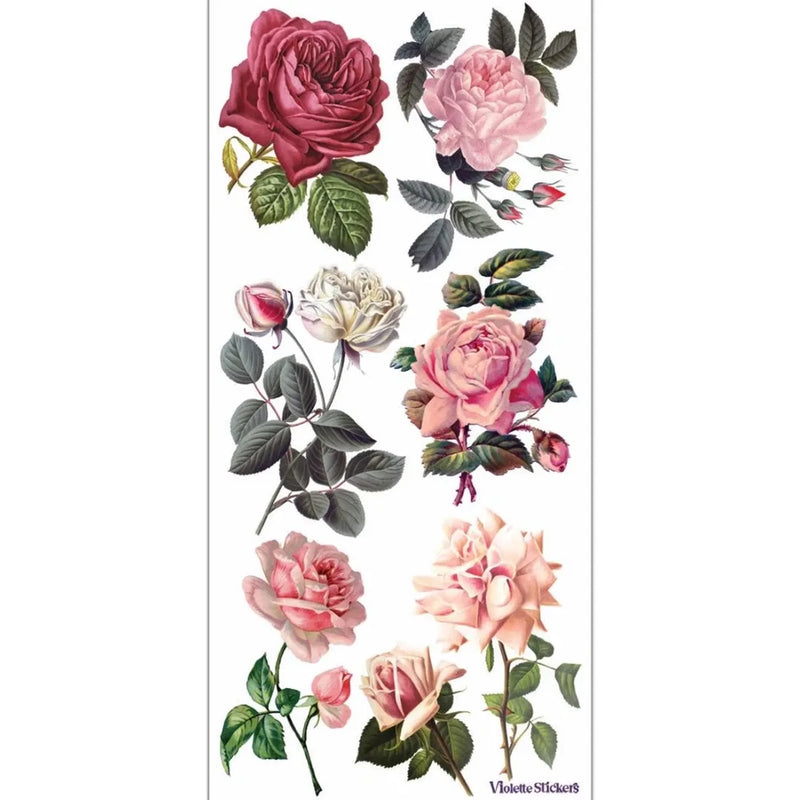 Pink and white rose flower sticker sheet with green leaves and assorted blooms