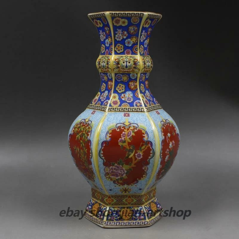9.1" Good China Colour Enamels Porcelain Gild Peony Flower Bird Six Sides Vase Peony