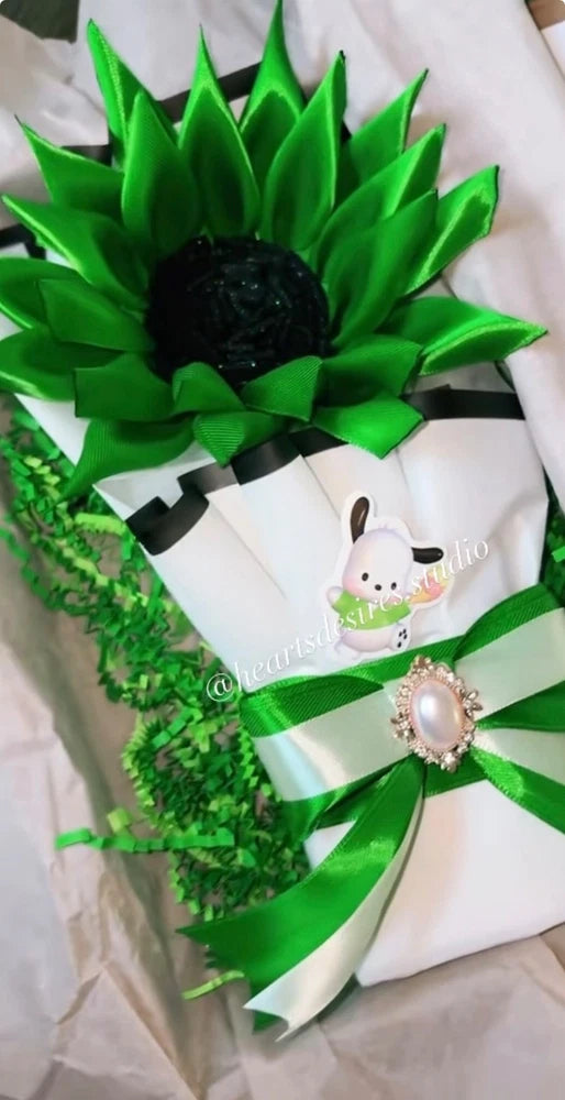 Green sunflower bouquet with white ribbon wrap, bunny charm and pearl drop