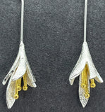 Earring  Brushed Silver Tone Lily Flower w/Gold Tone Pollen Stamen - Ear Drop 2" Lily