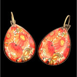 Japanese Style Red Sunflower & Strawberry Teardrop Earrings, Fruit & Flowers Sunflower