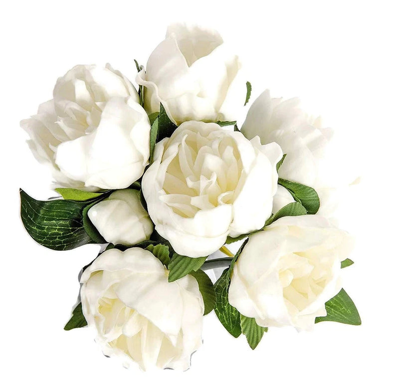 Artificial white peony flowers with green leaves, clustered blooms
