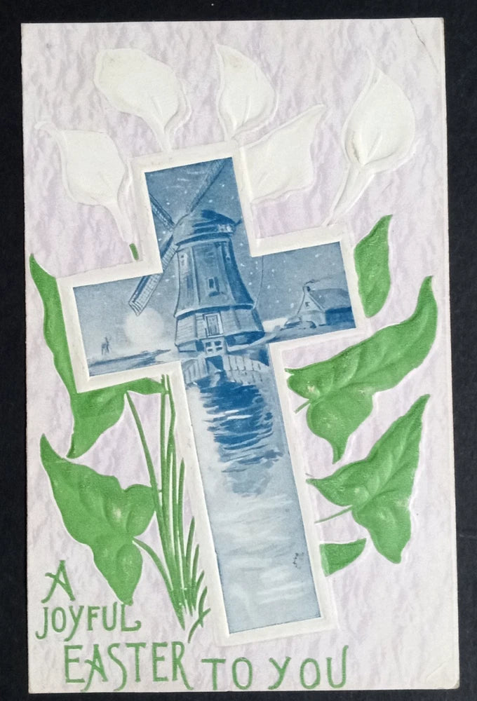 Vintage embossed Easter postcard with calla lilies, windmill cross, blue tower scene