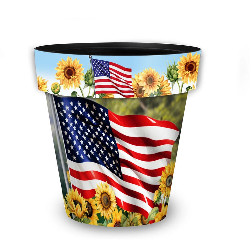 Medium outdoor planter pot with American flag and sunflower print