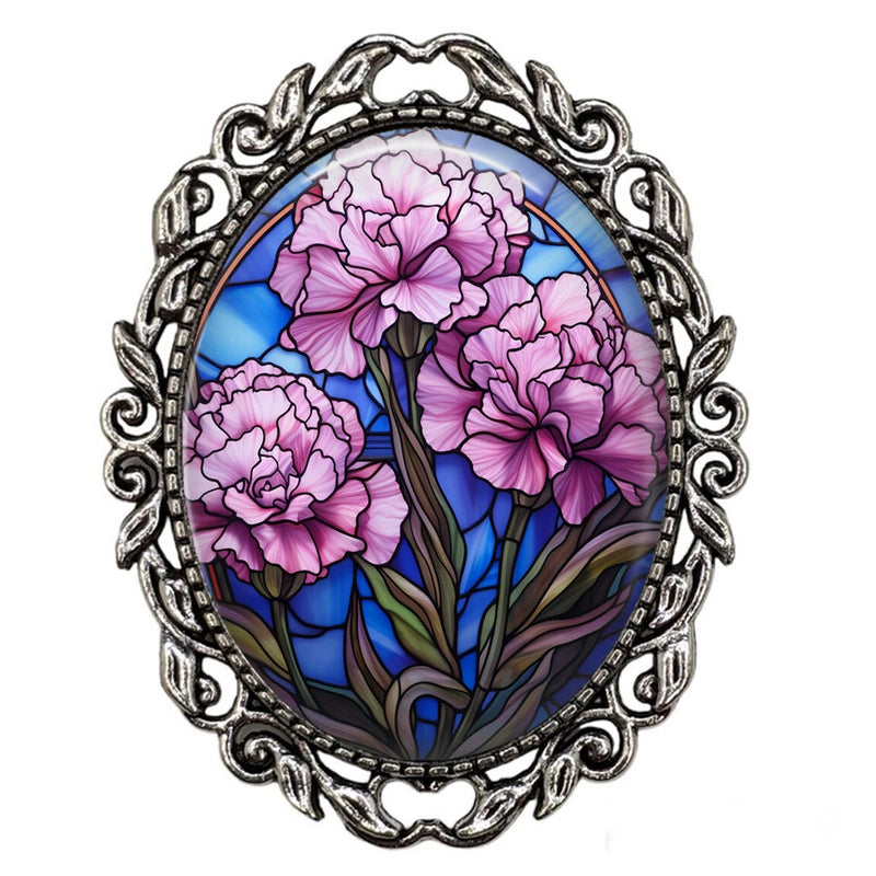 January Birth Month Flower Faux Stained Glass Art Print Carnations Brooch Pin Carnation