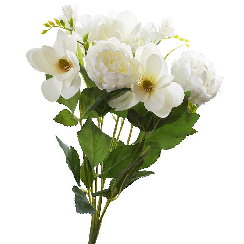 Artificial magnolia and peony bush with cream and white flowers, green leaves