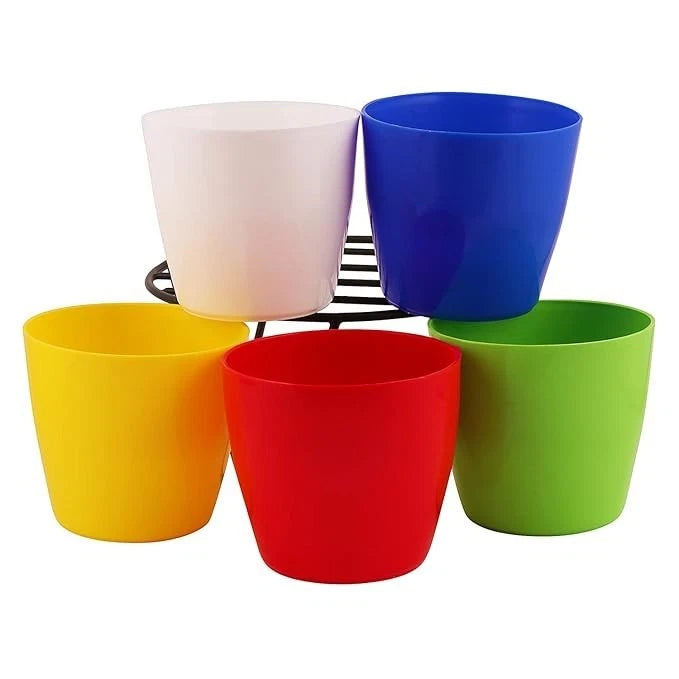 Small plastic plant pots set of 5 in yellow, red, green, blue, and light pink
