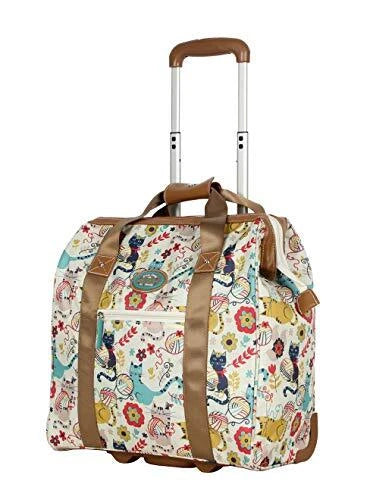 Wheeled carry-on tote bag with colorful floral print and brown leather-style trim