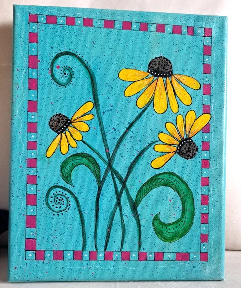 Original Yellow Cone Flowers Acrylic and ink Painting -8x10 Wall Art- 3 flowers Hydrangea