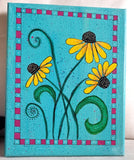 Original Yellow Cone Flowers Acrylic and ink Painting -8x10 Wall Art- 3 flowers Hydrangea