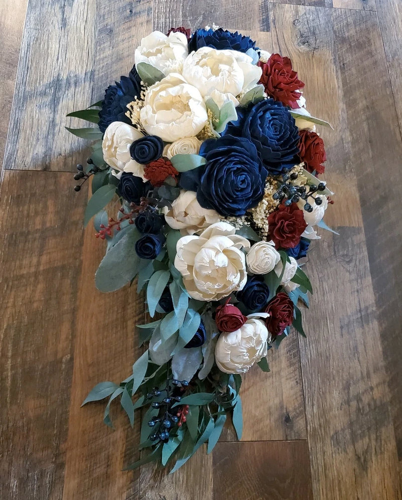 Burgundy White & Navy Blue Cascading Bridal Bouquet Made of Wood Wedding Flowers Bouquet