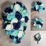 Aqua Navy Blue Rose Calla Lily Bridal Wedding Bouquet Accessories Bouquet