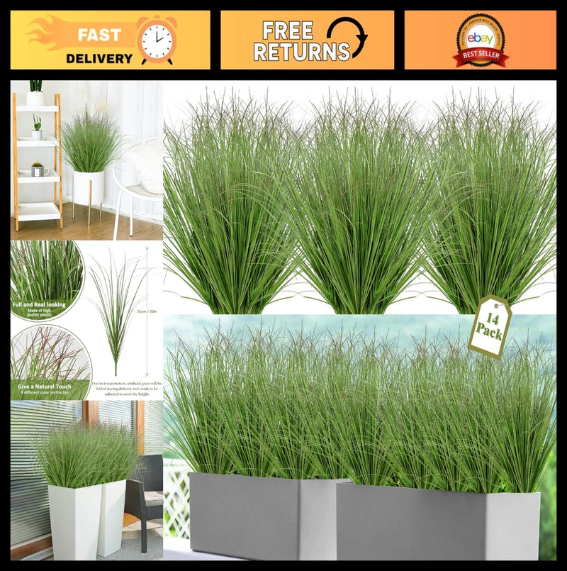Artificial onion grass plants, 20-inch faux greenery bundle in square planters