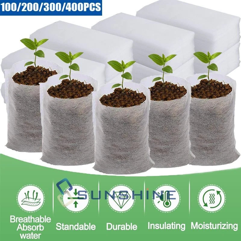 Biodegradable non-woven plant nursery soil growing bags, set of small white fabric pots