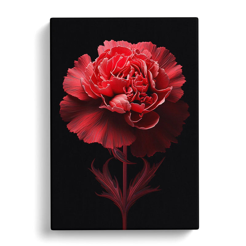 Framed canvas wall art of red carnation flower with dark floral reflection