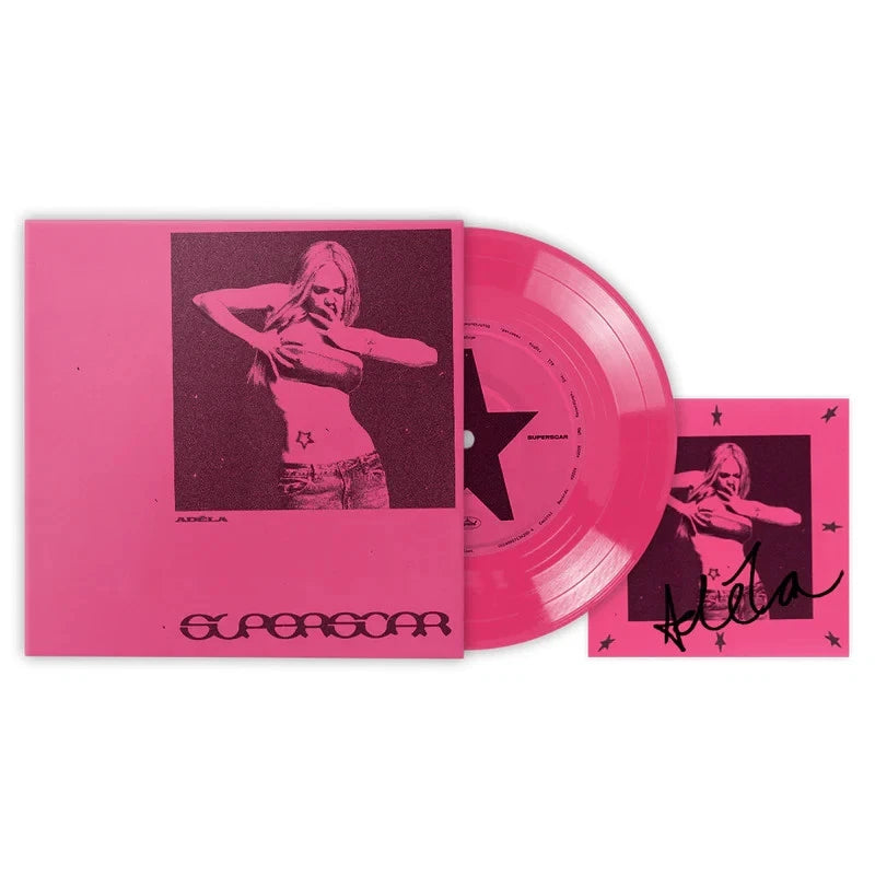 Limited edition signed vinyl single with pink disc, black sleeve, and star photo insert