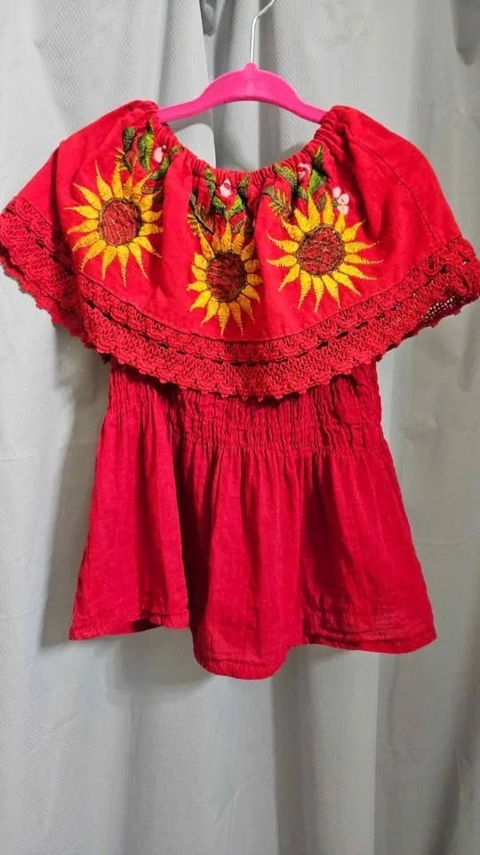 Children's red embroidered sunflower top with gathered neckline and lace-trim sleeves