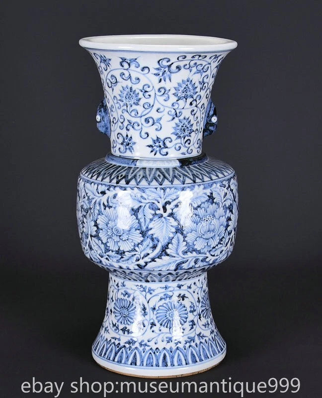 20" Marked Chinese Blue White Porcelain Peony Flower Vase Bottle Peony