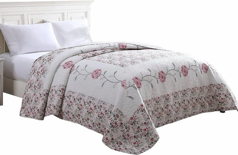 White bedspread with pink rose embroidery and floral border for full size
