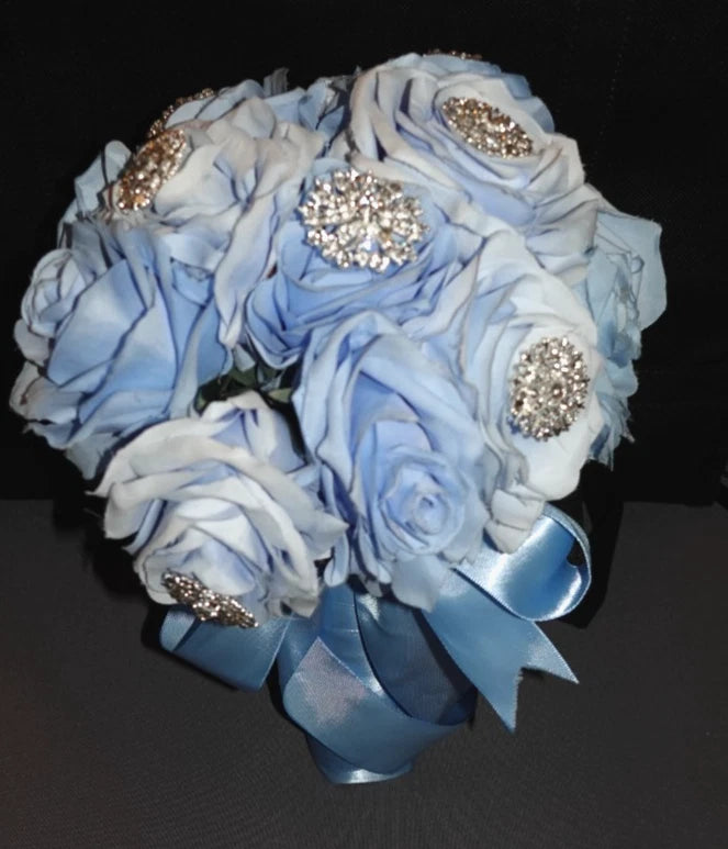 Artificial Bridal Bride Wedding 2tone Blue Rose Bouquet Bridesmaid Jewels 12" Bouquet