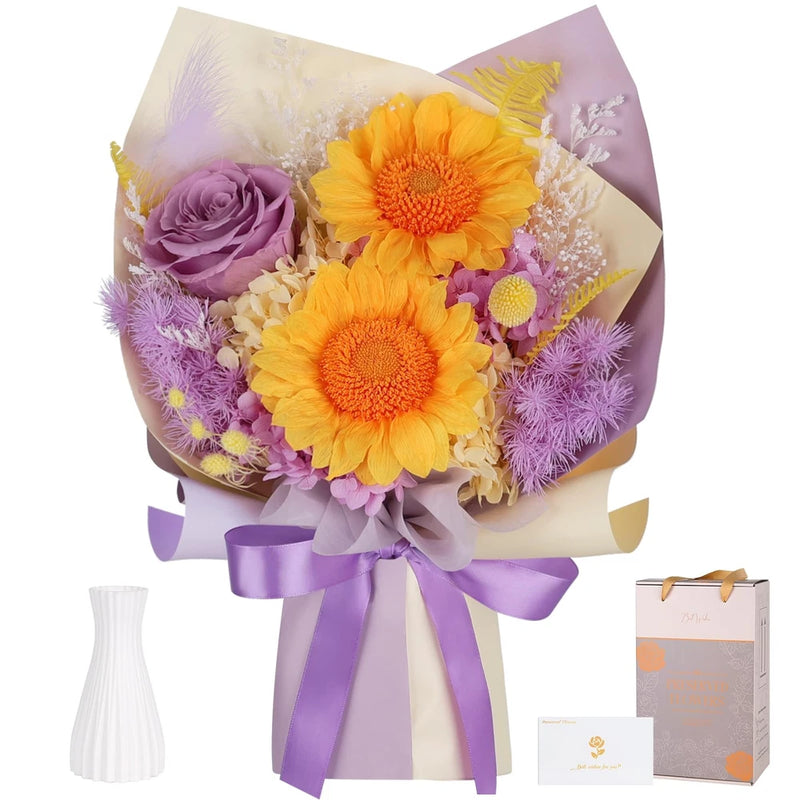 Purple and orange preserved sunflower bouquet with lavender wrap, purple roses, ribbon.
