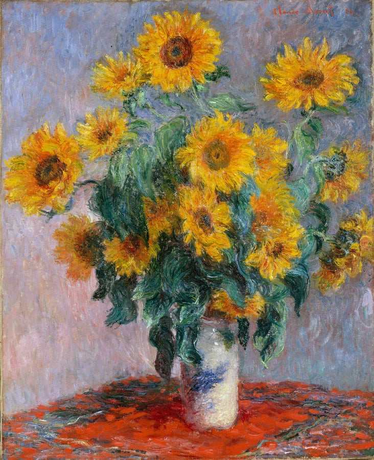 Sunflower bouquet oil painting on canvas with yellow blooms in white vase