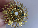 Flower Sunflower Openwork Sapphire Rhinestones Opal Vintage Gold Brooch V-3789 Sunflower