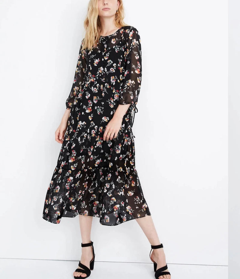 Madewell Women's Size-XL Sheer Button-Front Tier Midi Dress Carnation Toss $158 Carnation