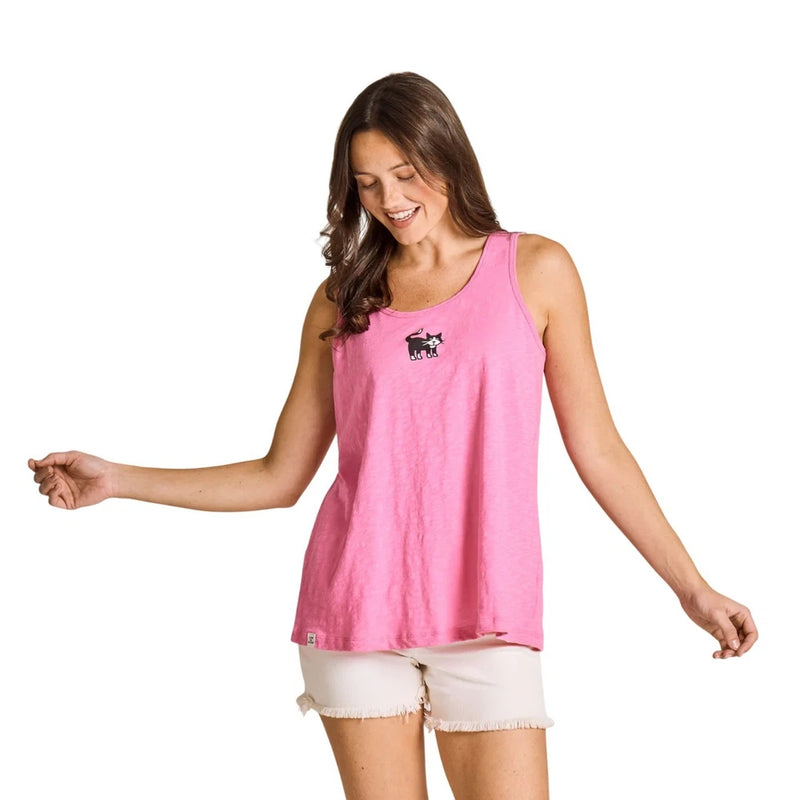 Women's pink slub tank top with small black cat graphic