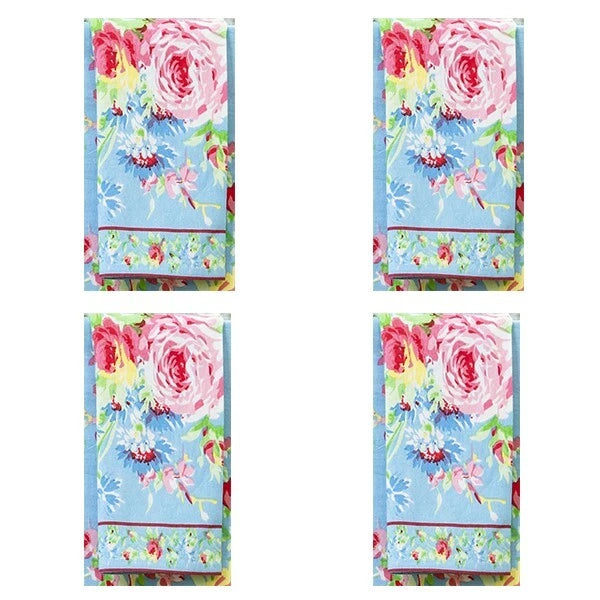 Cotton napkin set of 4 with sky blue floral cottage rose print, pink and green accents