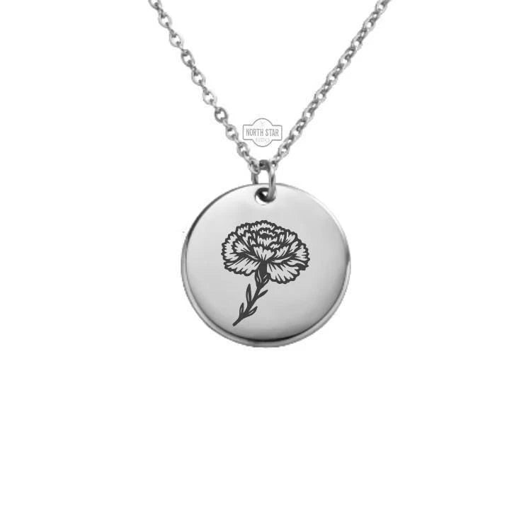 Silver birth flower necklace with round locket and black carnation charm